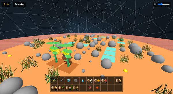 A virtual farming scene featuring banana trees, rocks, and grass in a dome-like environment.