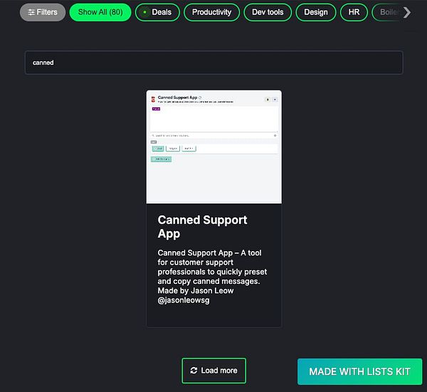 The image displays a user interface for the Commit365 directory featuring the Canned Support App.