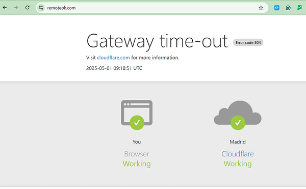 The image displays a web page indicating a gateway timeout error for the site remoteok.com.