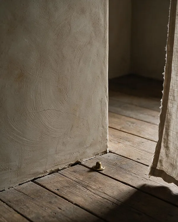 A close-up of a Wabi-Sabi interior detail with a hand-finished plaster wall meeting worn wooden floorboards. A sheer beige curtain hangs at the right edge, and a small brass floor fitting sits near the corner, with soft natural light emphasizing the aged textures.