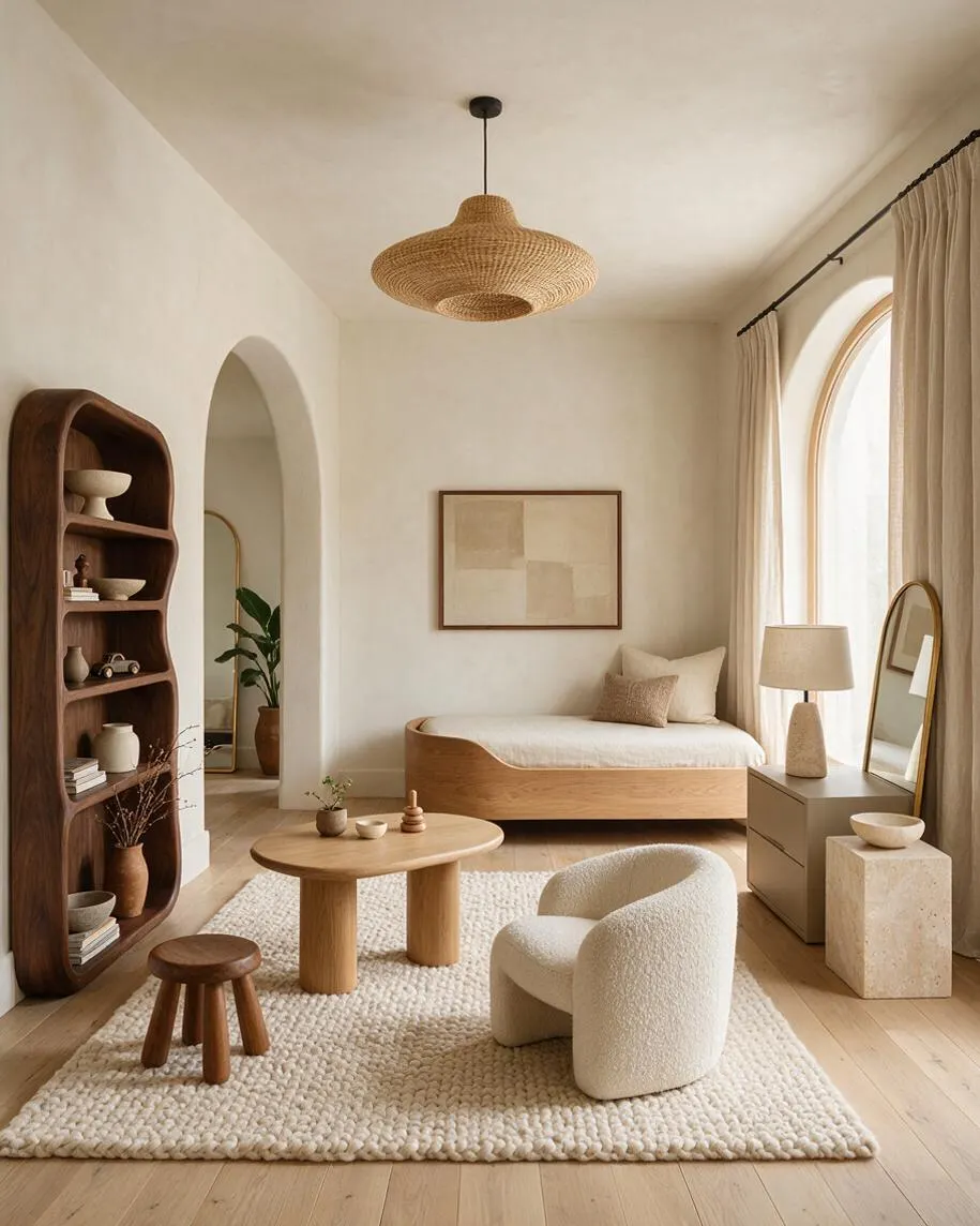 A serene kids' room features a low wooden bed, rounded boucle chair, chunky woven rug, and a sculptural rattan pendant light. Cream walls, arched openings, soft curtains, and natural wood furnishings create a calm, organic modern space.