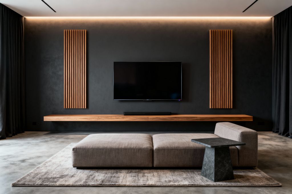 A minimalist media room with a matte charcoal wall centers a wall-mounted TV over a slim soundbar and a long floating wooden console. Two vertical wood slat panels flank the screen. Warm cove lighting lines the ceiling, with heavy charcoal drapes at the sides. A low taupe modular sofa sits on a soft gray rug, paired with a black stone side table on polished concrete floors.