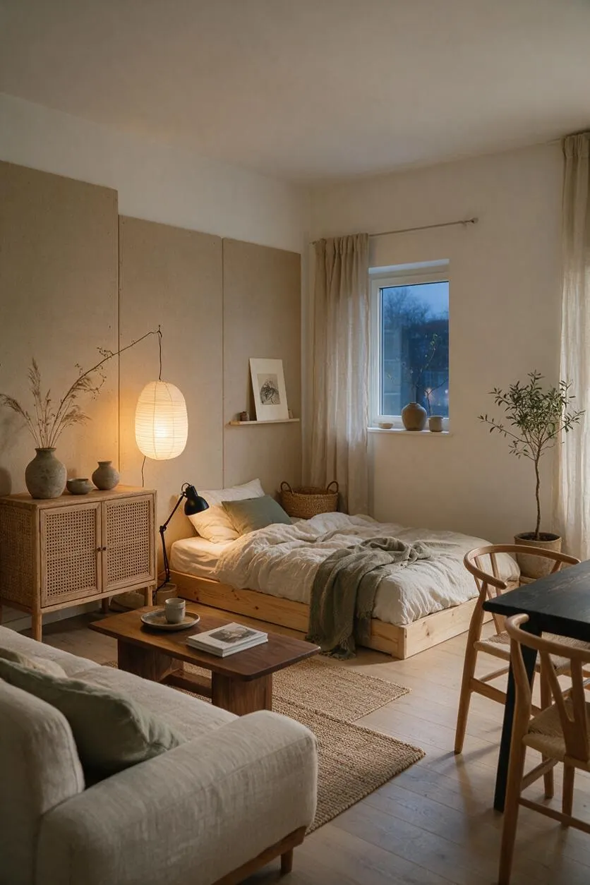 A cozy studio apartment styled in Japandi design, featuring a low wooden bed with white bedding, a woven cabinet, linen curtains, and a paper pendant lamp glowing softly. Natural wood furniture, neutral textiles, potted plants, and a simple coffee table create a calm, minimalist atmosphere.