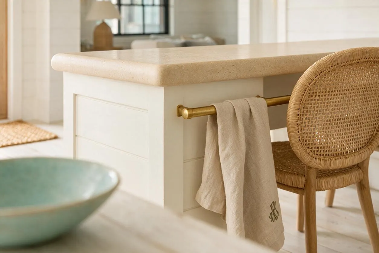 A bright coastal kitchen detail showing a cream island with a rounded stone countertop, a brass towel bar holding a neutral linen towel, and a woven rattan chair tucked beside it. Soft white walls, pale wood flooring, and a seafoam bowl in the foreground create a relaxed, sunlit atmosphere.