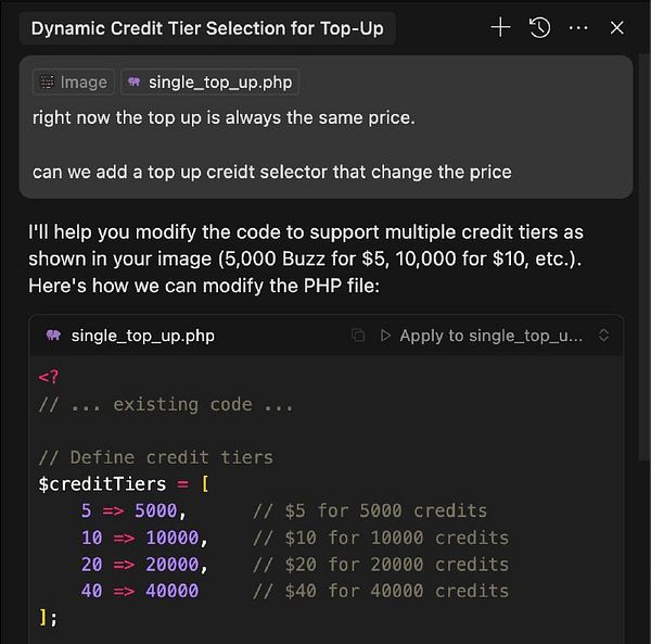 The image displays a code snippet for modifying a PHP file to implement a credit tier selection feature.