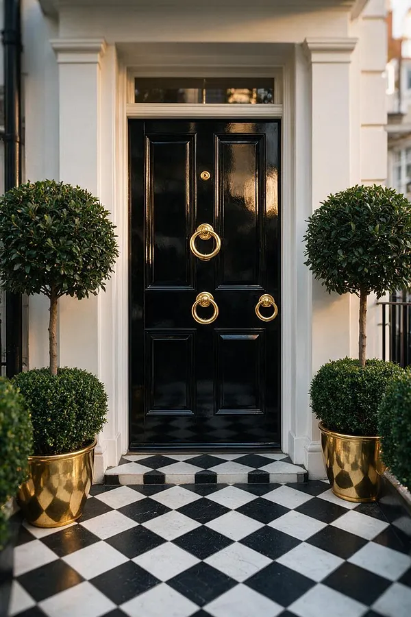 A glamorous exterior entryway with a glossy black front door, gold ring door knockers and a black-and-white checkerboard floor. White trim frames the doorway, and symmetrical topiary plants in polished gold pots create a formal Hollywood Regency look.