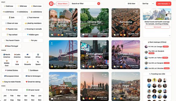 The image displays a travel platform interface showcasing various cities with filters for nomadic living options.
