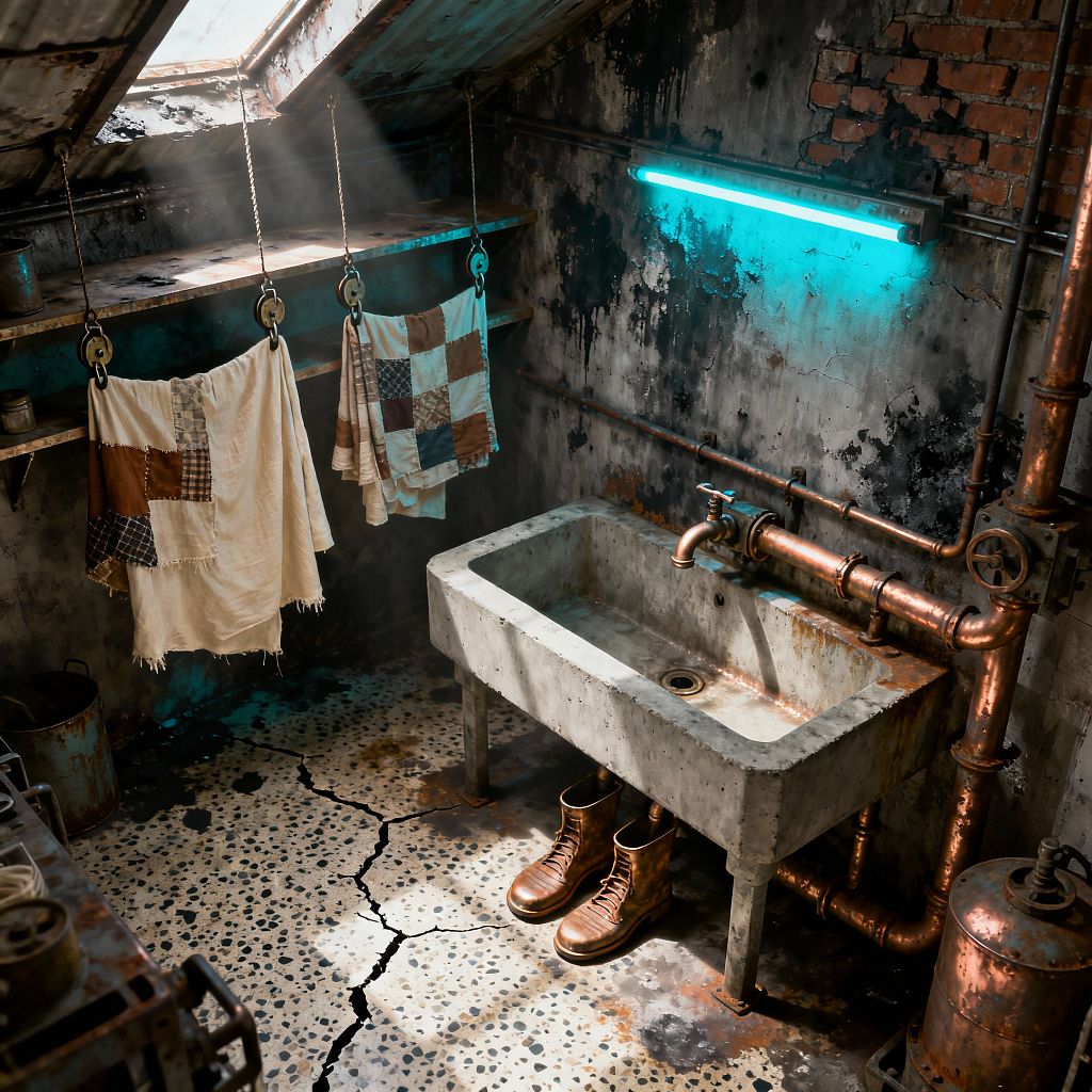 An attic laundry with a sloped corrugated roof and skylight sends shafts of light onto a heavy concrete utility sink. Tarnished copper pipes run across a wall of peeling plaster and exposed brick beneath a glowing cyan fluorescent tube. Patchwork cloths hang from chain-and-pulley lines. The speckled concrete floor is split by a large crack, with worn leather boots beneath the sink and a rusted metal tank nearby.