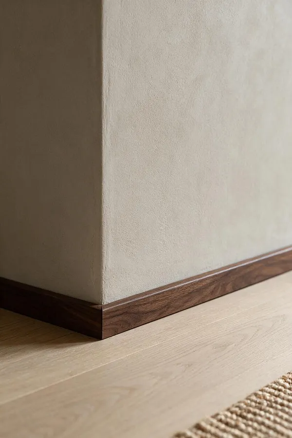 A close-up of a Japandi-style interior corner showing a softly textured cream plaster wall, a dark walnut base trim, and pale natural wood flooring. Warm sunlight casts gentle shadows across the minimalist materials.