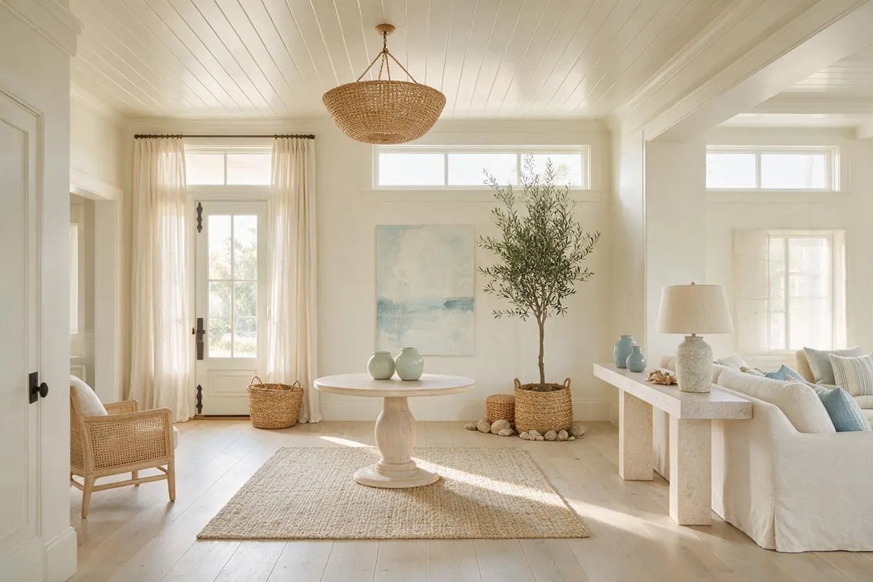 A bright coastal entryway with white paneled walls, a beadboard ceiling, and a woven pendant light centered above a round pedestal table. Sheer curtains frame a glass-front door, while rattan chairs, basket planters, a textured rug, and soft blue accents add warmth and relaxed seaside character.