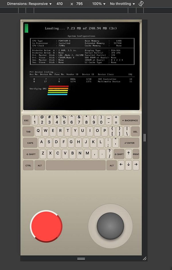 The image displays a retro-style computer interface with system configuration details and a virtual keyboard.