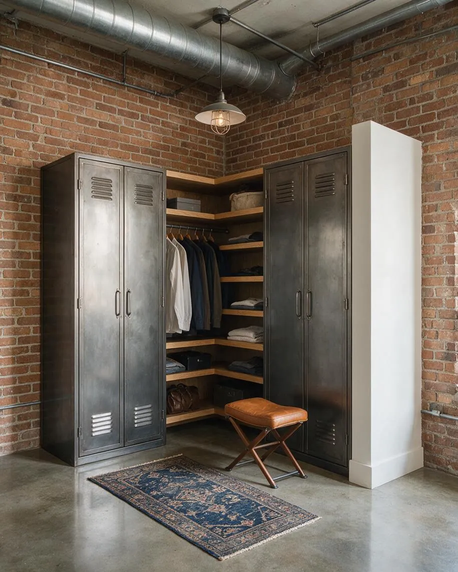 An industrial-style closet with exposed brick walls, silver ductwork on the ceiling, and two tall metal locker-style cabinets framing open wood shelves. The center section holds hanging clothes and folded items, with a brown leather stool and a patterned runner on the concrete floor.