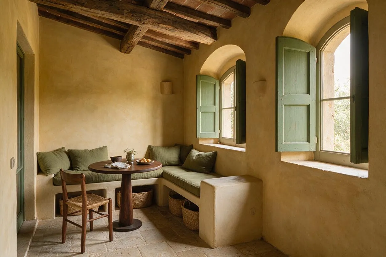 A cozy Mediterranean-style backyard lounge with plastered beige walls, arched windows with pale green shutters, and a dark timber beam ceiling. An L-shaped built-in bench with olive cushions surrounds a small round wood table, while a wooden chair and woven baskets add rustic texture.