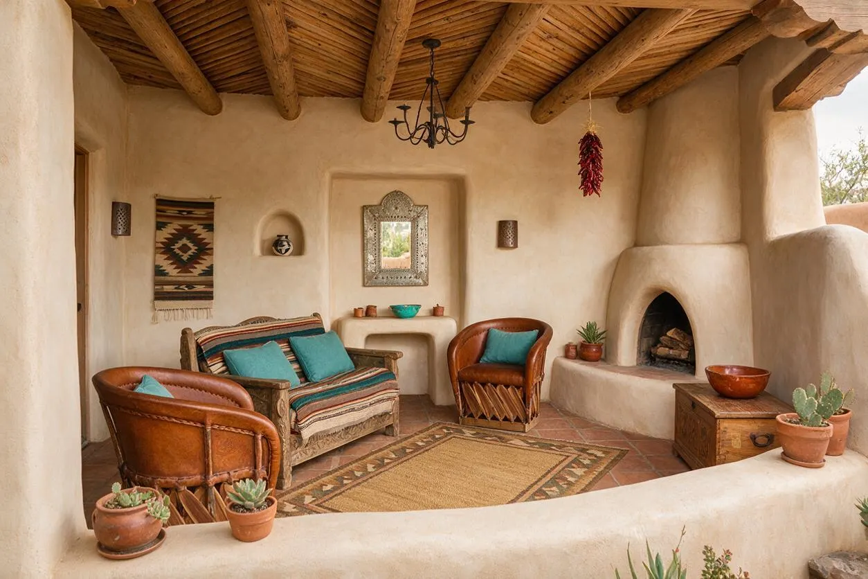 A Southwestern-style backyard patio with smooth adobe walls, a rustic wood-beam ceiling, and a kiva-style fireplace. The space includes leather chairs, a striped woven sofa, terracotta pots, a patterned rug, and turquoise accent pillows beneath a wrought-iron chandelier.