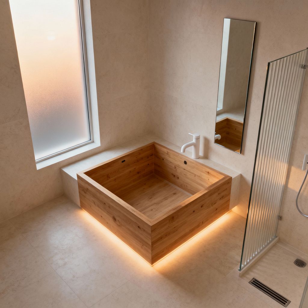 A minimalist bathroom features a square, deep wood soaking tub set into a pale stone-look floor, its base illuminated by warm LED lighting. Large beige tiles clad the walls, a tall frosted window softens daylight, and a narrow frameless mirror hangs above a matte white tub filler; to the right, a walk-in shower with a fluted glass screen and linear drain completes the calm, uncluttered space in warm neutral tones.