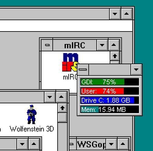 The image displays a vintage computer interface with multiple open windows showing system resource monitoring and applications.