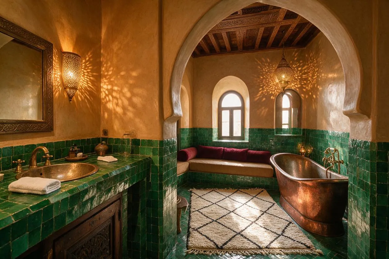 A Moroccan-style master bathroom with green zellige tile walls, a copper freestanding bathtub, and a carved wood vanity with a round brass sink. Warm plaster arches, patterned lantern lighting, arched windows, and a cream rug with black diamond lines create an intimate, spa-like atmosphere.