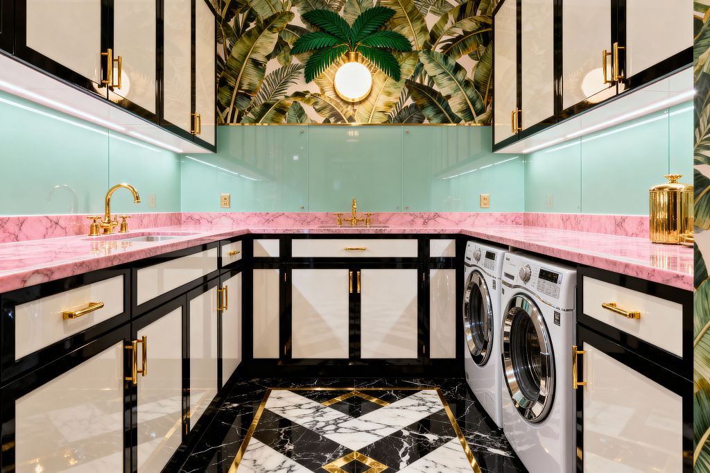 A glamorous U-shaped laundry room with black-and-cream cabinetry and brass pulls, topped by veined pink marble countertops. A mint-green back-painted glass backsplash runs the length of the walls, with undercabinet lighting. Tropical banana-leaf wallpaper and a round brass sconce with palm fronds crown the back wall. The floor is black-and-white marble with gold inlay, and a front-loading washer and dryer sit beneath the right counter.