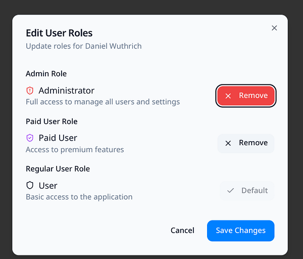 A user role management interface for updating roles assigned to a user named Daniel Wuthrich.