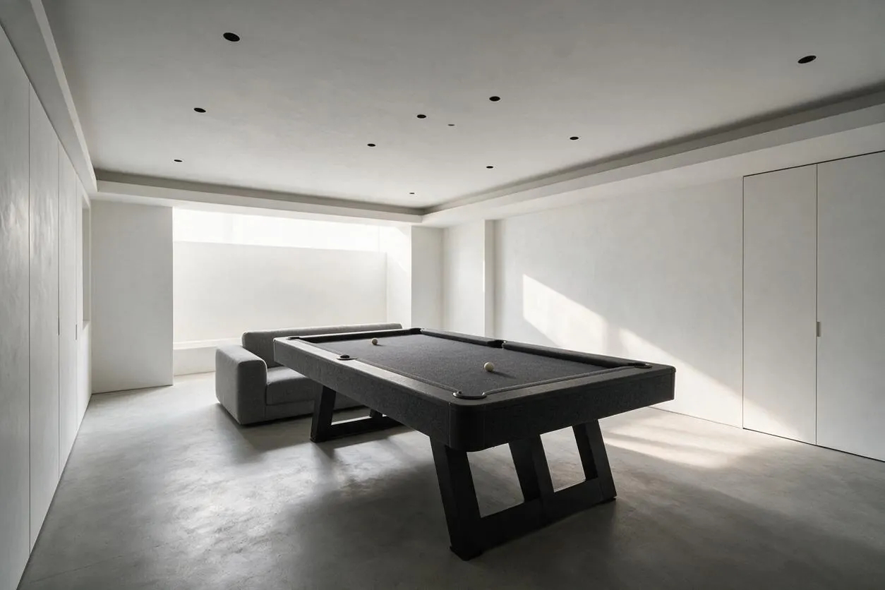 A sparse minimalist game room with a dark pool table centered on a polished gray floor, a low gray sofa behind it, and white walls and ceiling. Recessed ceiling lights and soft daylight from a rear opening keep the room bright and calm.