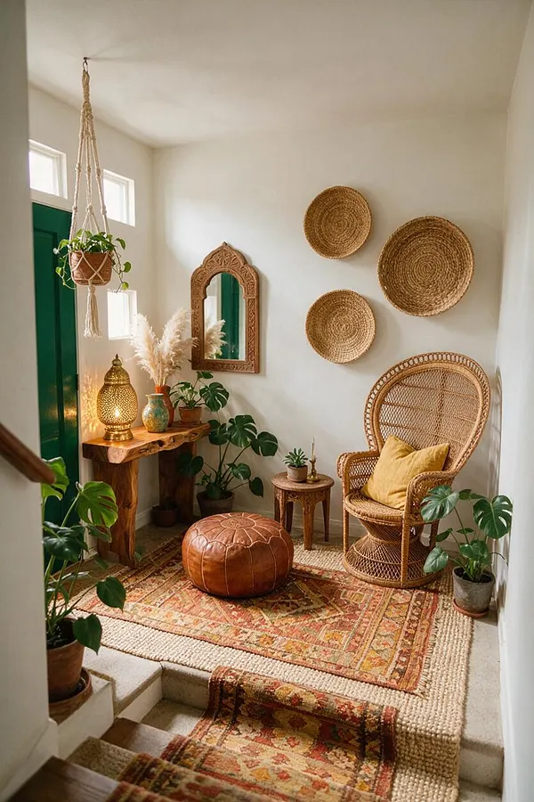 A cozy bohemian entryway with a green front door, a carved wood mirror, woven wall baskets, and a wicker chair with a mustard pillow. The space includes layered patterned rugs, a leather pouf, potted plants, and a hanging planter, all in warm natural tones.