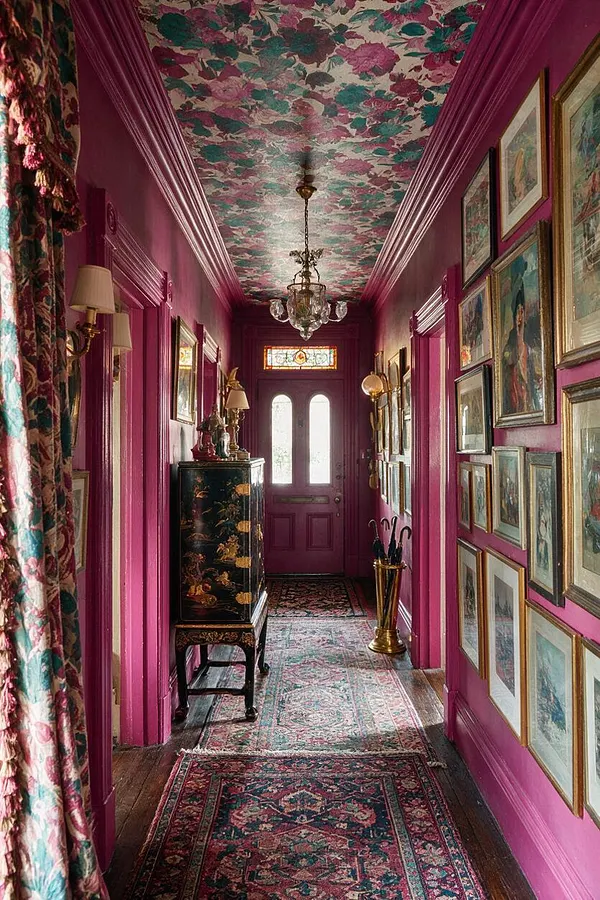 A narrow entryway filled with maximalist pattern and color, featuring magenta walls, a floral-print ceiling, layered Persian-style runners, and a crystal chandelier. Framed artwork covers the right wall, while a black lacquer cabinet and brass umbrella stand add ornate vintage detail near the front door.