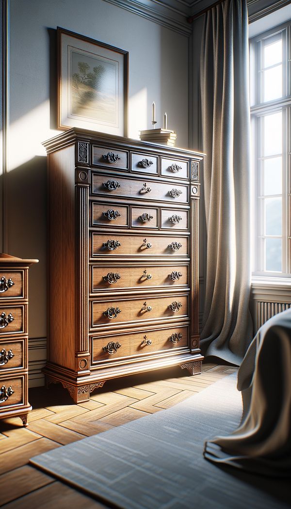 a traditional Semainier in a well-lit bedroom, standing next to a window with light streaming in, showcasing its elegant design and the individual drawers.