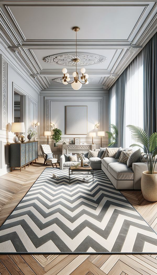 An elegant living room featuring a chevron patterned rug on the floor, adding depth and a dynamic visual appeal to the space.