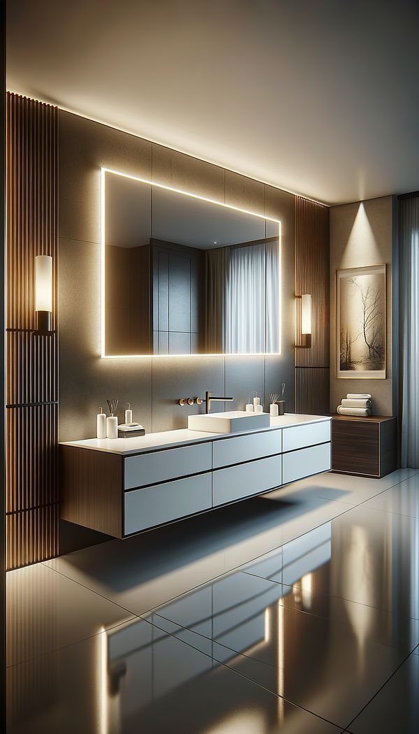 A contemporary bathroom featuring a sleek, wall-mounted vanity with a white countertop, an integrated sink, and a large mirror above it, all illuminated by modern lighting fixtures.