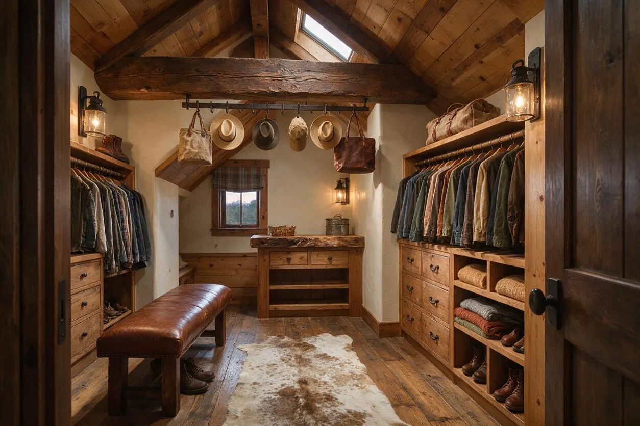 A rustic walk-in closet with sloped wood plank ceiling, exposed beams, and built-in wooden storage on both sides. The space includes hanging clothes, drawers, open shelves, a leather bench, lantern-style wall lights, and a cowhide rug on the wood floor.