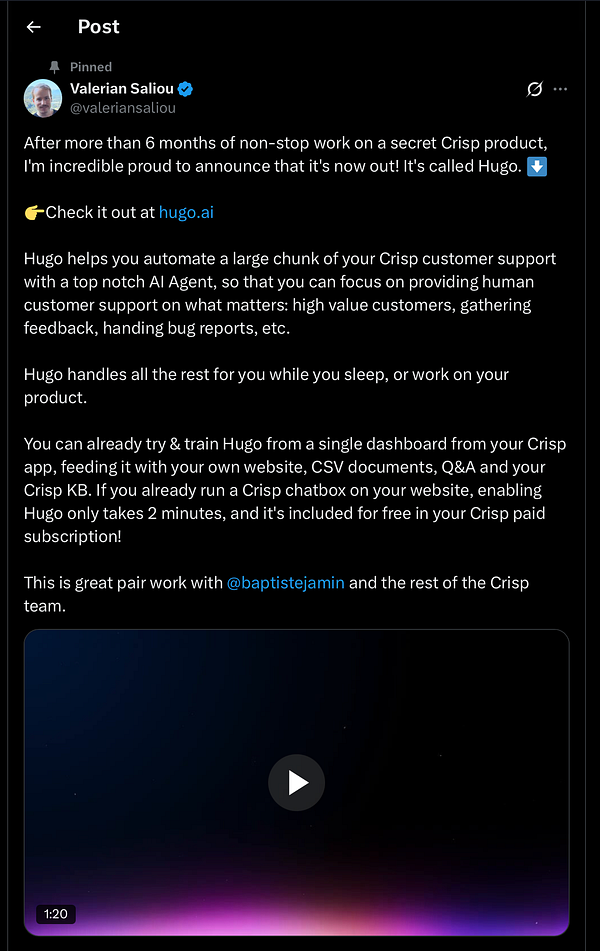 Promotional image announcing the launch of Crisp's new AI agent product named Hugo, highlighting the product name, logo, and tagline.