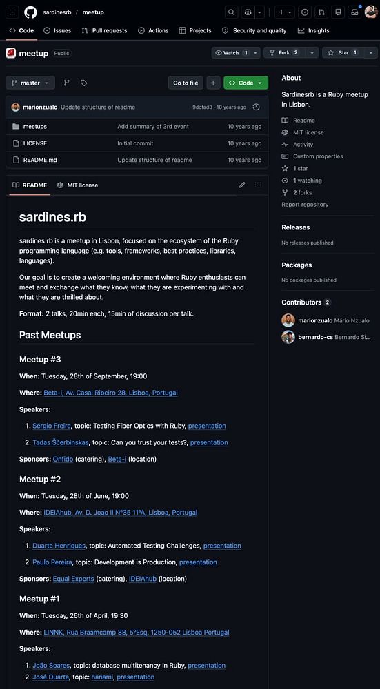 Screenshot of a web page displaying archived information about the Sardines.rb Ruby meetup group in Lisbon from 2013 with organizer contact details and statistics.