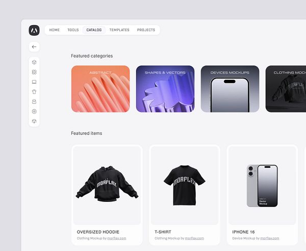 The image displays a digital catalog interface featuring various categories and items.