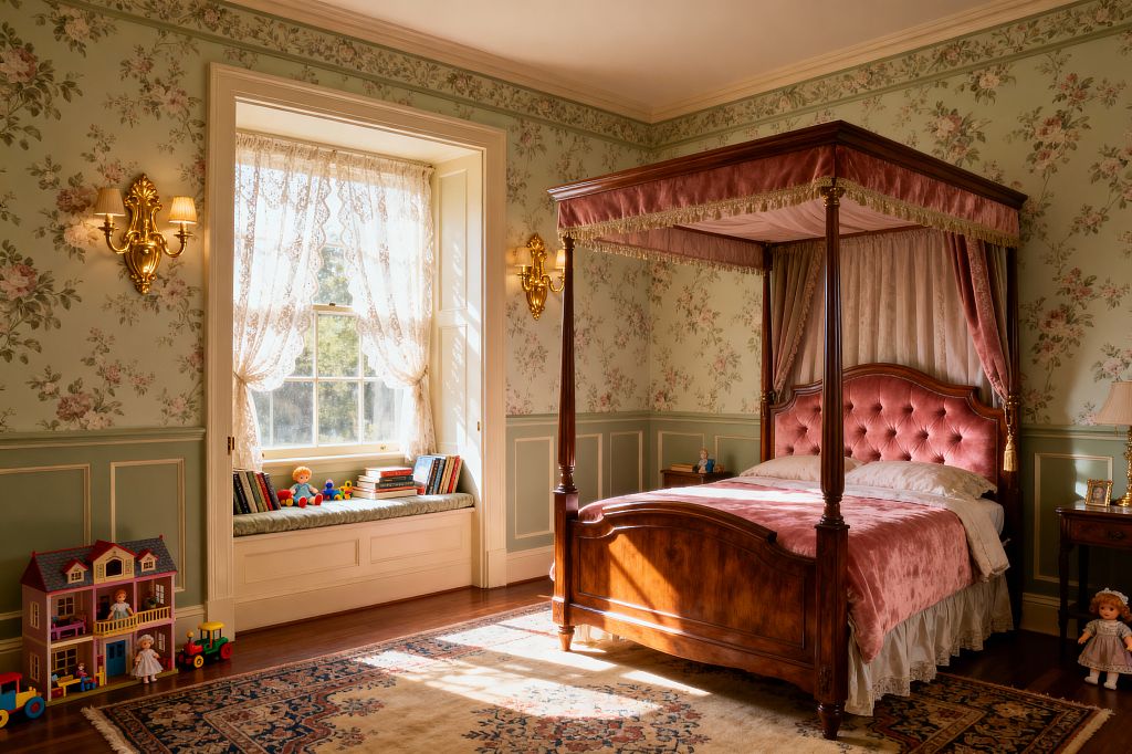 A Victorian-style kids’ bedroom featuring a mahogany four-poster bed with a tufted pink velvet headboard and a fringe-trim canopy. Sage floral wallpaper and paneled wainscoting line the walls, highlighted by ornate brass sconces. A sash window with lace curtains opens to a built-in window seat piled with books and toys. A Persian-style rug warms the wood floor beside a small nightstand, lamp, and dollhouse, while sunlight creates a cozy, nostalgic atmosphere.
