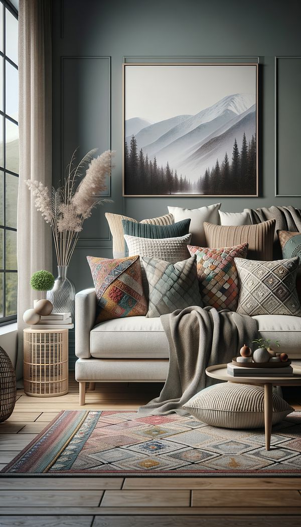 A cozy living room scene with a variety of throw pillows in different sizes, colors, and textures arranged on a sofa.