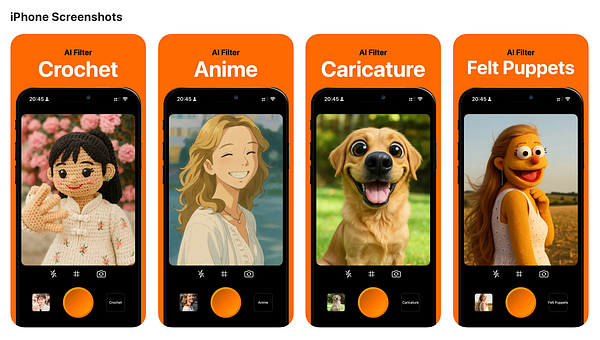 The image displays a series of iPhone screenshots showcasing different AI filters available in the app 'Yay AI Camera'.