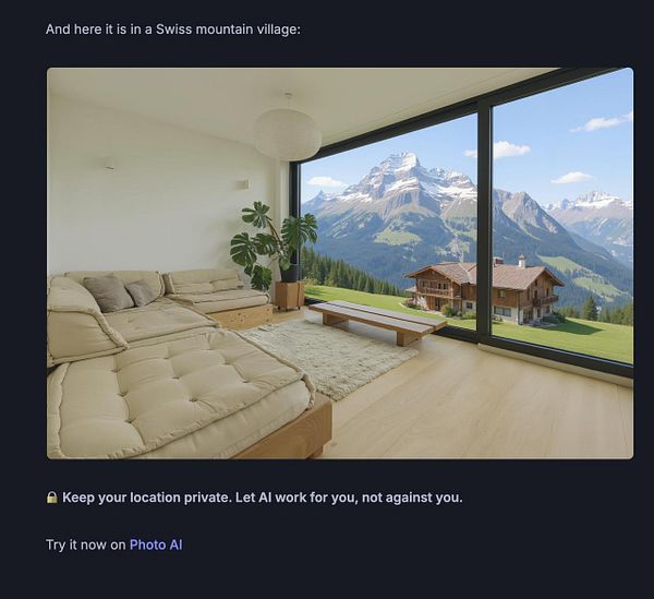 A modern living room with a stunning view of Swiss mountains and a village.