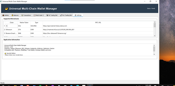 The image displays a user interface for a Universal Multi-Chain Wallet Manager application.