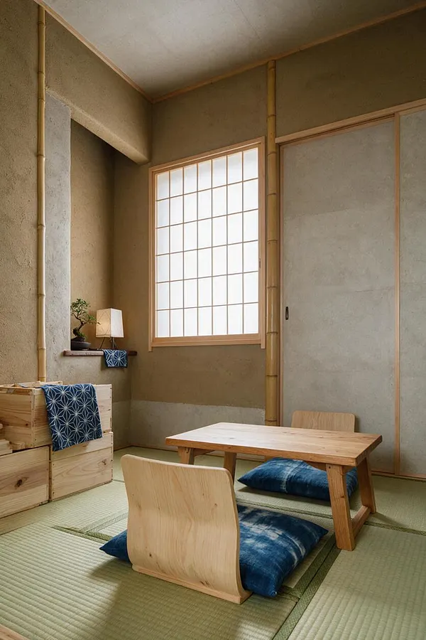 A compact Japanese Zen studio apartment with tatami floor mats, a low wooden table, floor cushions, and pale wood chairs. A shoji-style window brings in soft diffused light, while bamboo trim, neutral plaster walls, and blue patterned textiles add calm, natural contrast.