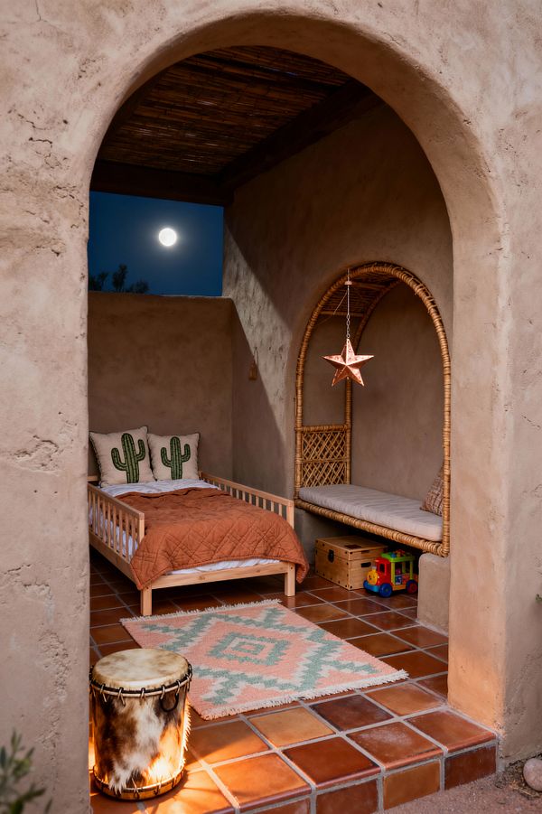 A small Southwestern kids’ room is framed by a thick arched adobe opening. Inside, a pine toddler bed with a rust quilt and cactus-print pillows sits on terracotta tiles. To the right, a built-in rattan arch bench with a seat cushion hangs a star-shaped metal pendant above, with a wooden toy chest and colorful toy train beneath. A pastel geometric rug lies near a glowing hide drum. The ceiling is lined with wood slats, and a full moon is visible outside.