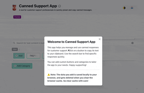 The image displays a user interface for the Canned Support App, featuring a welcome message and instructions for using the tool.
