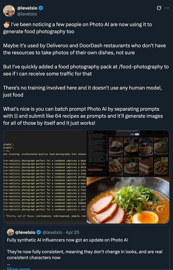 The image features a Twitter post discussing the use of Photo AI for generating food photography, accompanied by a screenshot of code and food images.