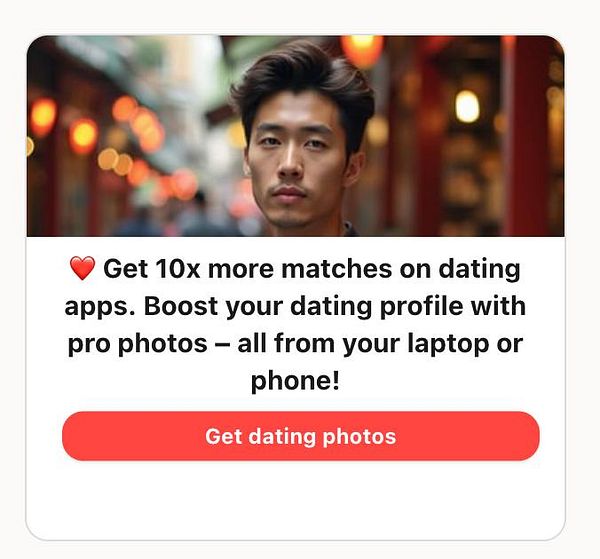 A man is featured prominently in an advertisement promoting dating photos.
