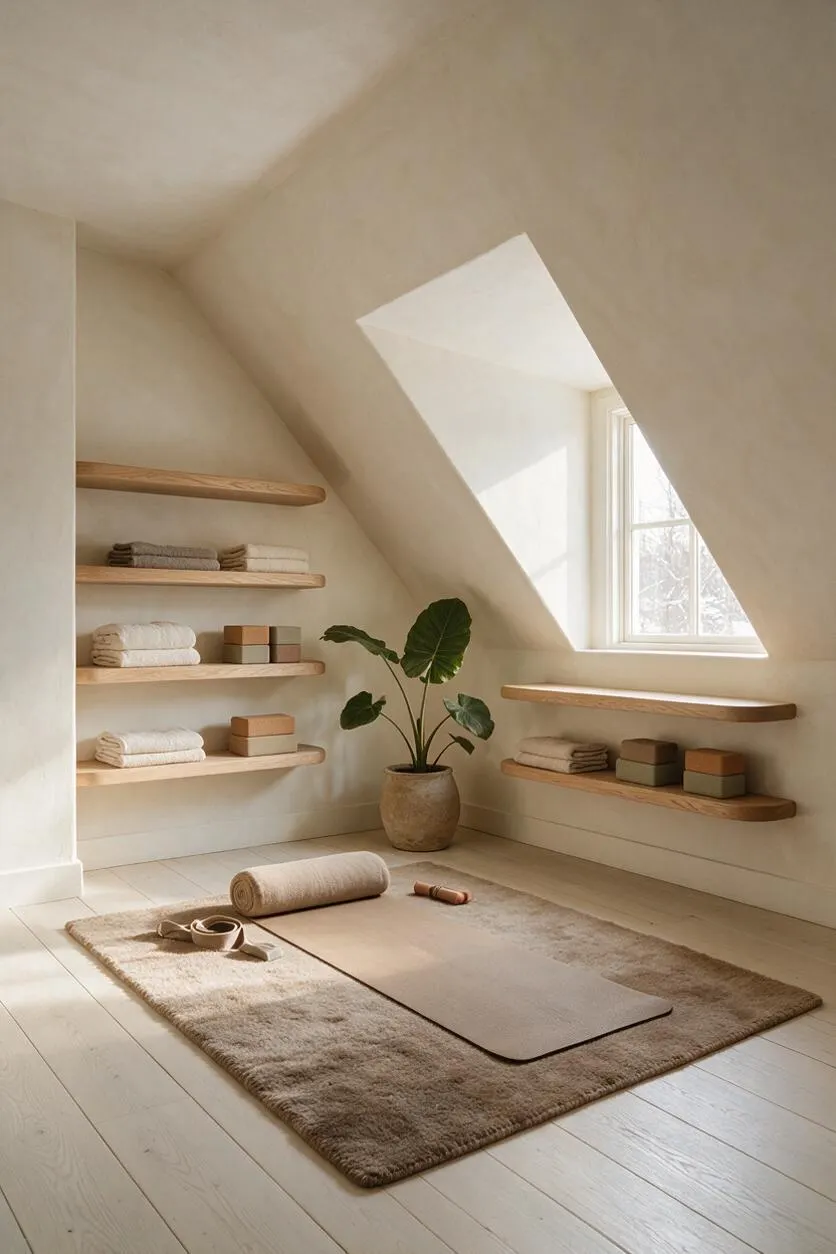 A bright attic home gym with sloped cream walls, built-in floating wood shelves, and a small window bringing in natural light. A potted plant, folded towels, yoga blocks, a mat, and a textured rug create a calm, organic workout space.