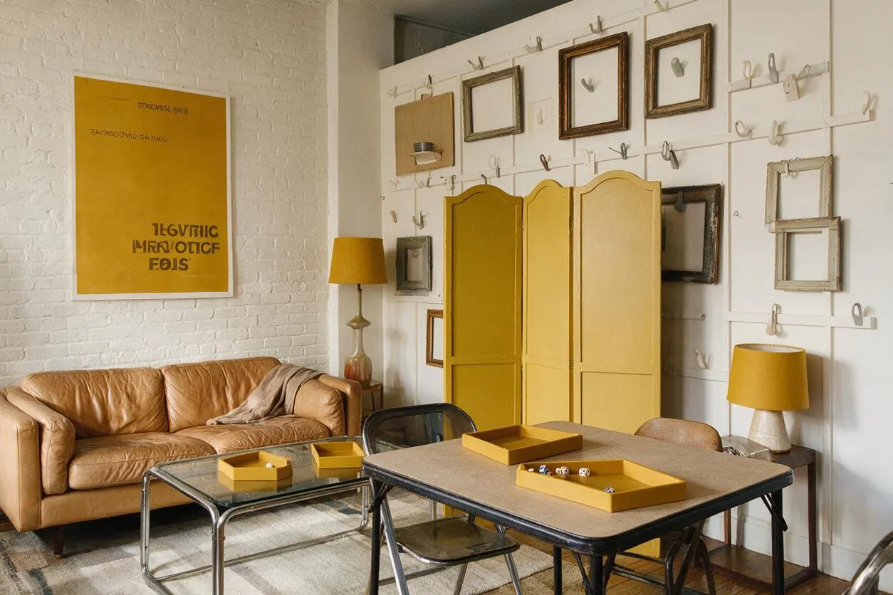 A cozy eclectic game room with a tan leather sofa, glass coffee table, and a large game table in the foreground. The white brick walls are decorated with a mustard yellow poster, an array of empty frames on a wall grid, and a three-panel mustard folding screen, creating a warm, collected look.