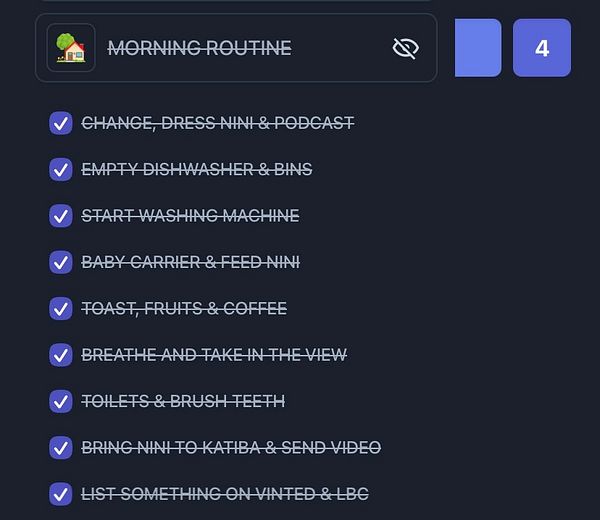 A digital checklist for a morning routine with various tasks.