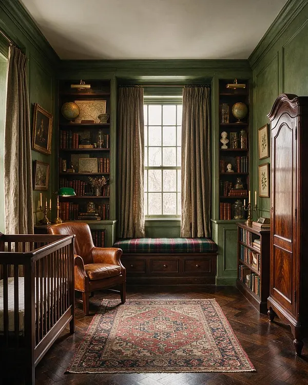 A dark academia nursery with deep green paneled walls, built-in bookshelves filled with books and globes, a leather armchair, and a window seat beneath a tall central window. A wooden crib sits to the left, while a polished armoire and patterned rug add warmth to the rich, scholarly room.