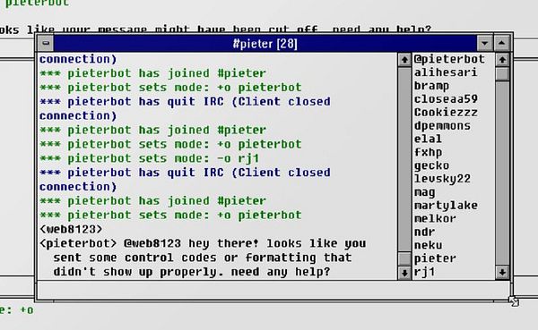 The image displays a chat interface showing activity in the #pieter channel on IRC.