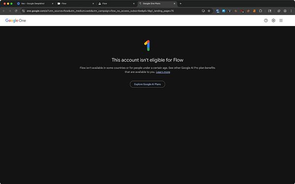 The image displays an error message indicating account eligibility issues for a service called Flow.