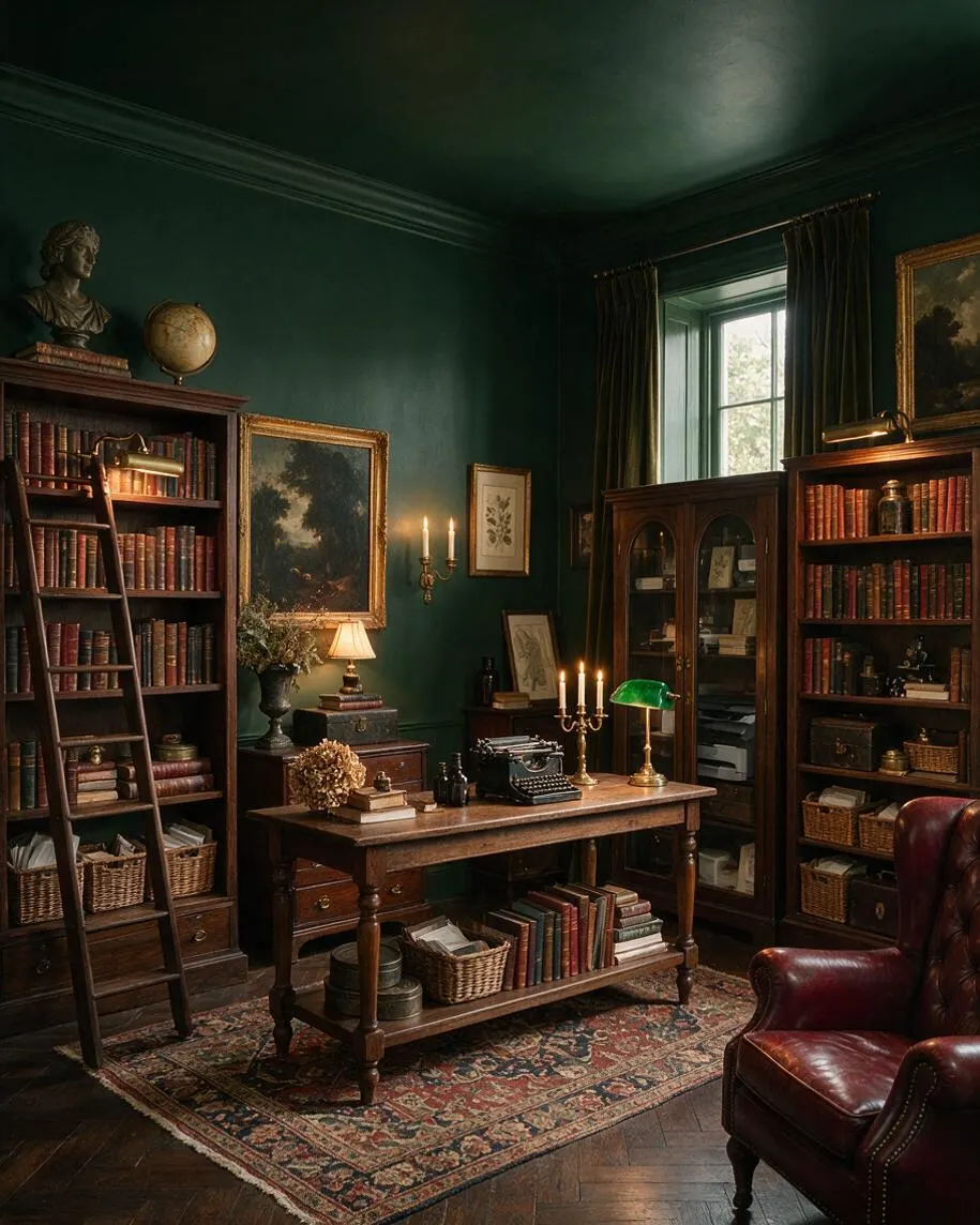 A dark academia home office with deep green walls, dark wood bookcases filled with books and baskets, and a wooden desk centered on a patterned oriental rug. A leather armchair, brass lamps, framed artwork, a globe, and candlelight create a scholarly, dramatic atmosphere.
